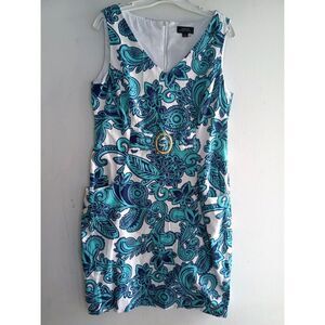 Tahari Arthur Levine White w/Teal Blue Floral Cotton Sleeveless A-Line Dress 12